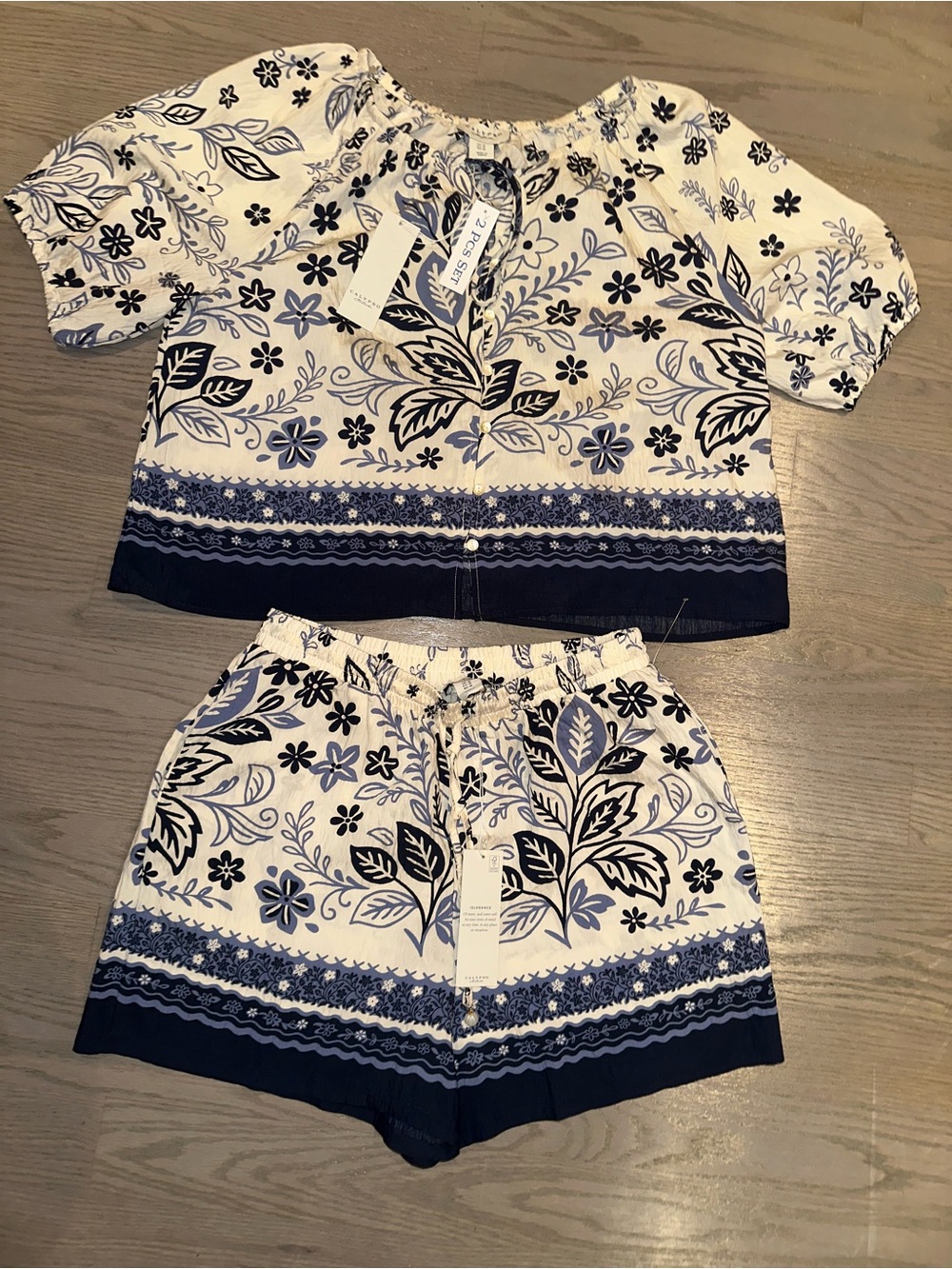 Calypso St. Barth Cream and Navy Floral Crop Top & Shorts Set